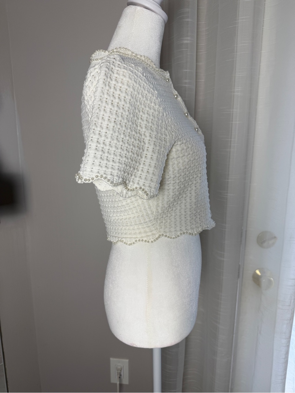 NWT SANDRO White Pearl Crochet Open Knit Short Sleeve Crop Top Size 2 - Picture 6 of 12